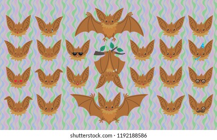 Halloween Bat smiley set. Modern flat animal emoticons. Vector illustration of brown bat in flying, hanging, soaring poses and bat-eared snouts with different emotions on psychedelic background. Emoji