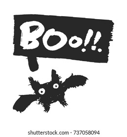 Halloween bat and speech bubble with Boo on it. Hand drawn ink and brush illustration with calligraphy lettering. Isolated on white background. Clipping paths included.