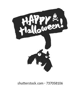 Halloween bat and speech bubble with Happy Halloween slogan on it. Hand drawn ink and brush illustration with calligraphy lettering. Isolated on white background. Clipping paths included.