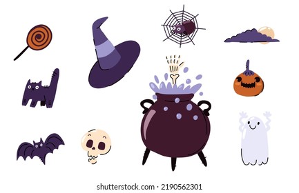 Halloween bat, spider, pumpkin, cauldron, skull, candy, cat, web, moon, witch, hat. Halloween set. Hand drawn flat cartoon character illustration. Vector illustration on a white background.
