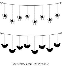 Halloween Bat and Spider Shaped Buntings Set. Decoration Elements. Garland. Illustration on White Background.