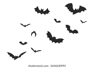 Conjunto de silhueta de enxame de morcego de Halloween. Gótico preto morcegos em voo, estilo cartoon. Elemento vetor assustador para temas vampiros, decoração de festa de outubro ou desenhos de terror.