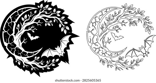 Halloween bat and tree silhouette design with halloween crescent branches silhouette circular