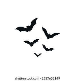 Halloween Bat Vector. Flying Bats Silhouette for Spooky Halloween Themes and Party Decorations. Scary Bats Icon Element for Halloween. Bats Creatures for Dark, Creepy, and Eerie Halloween Atmosphere.