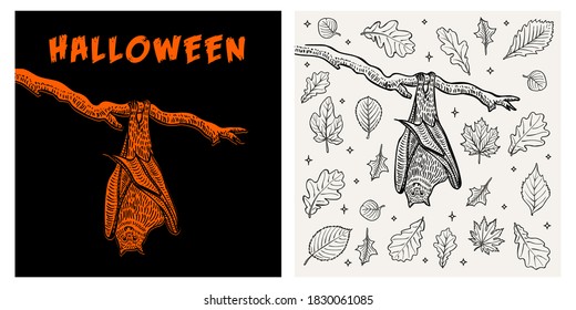 Halloween bat vintage retro poster vector illustration gift card, print