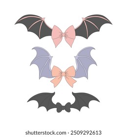 Halloween Bat wings Bow vector clip-art set isolated on white. Coquette Halloween illustration