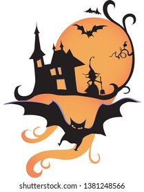 Halloween bat with witch and house spooky cartoon