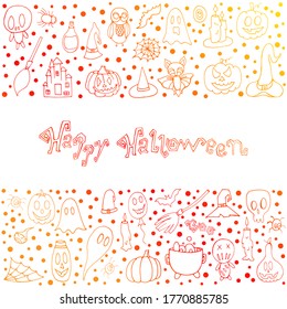 Halloween. Bat,Potion, pumpkins, dolls, balloon, candles, spider web, broom on a white background. Set with elements for Halloween. Doodle style.  Printing on posters. Autumn set for Halloween. 