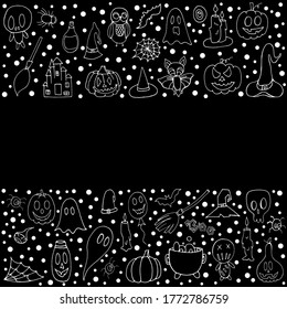 Halloween. Bat,Potion, pumpkins, dolls, balloon, candles, broom on a black background.  Set with elements for Halloween. Doodle style.  Printing on posters.Autumn set for Halloween. 