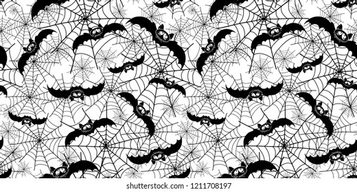 Halloween bats ans spiderweb repeat pattern. Great for spooky holiday wallpaper, backgrounds, invitations, packaging design projects. Surface pattern design.