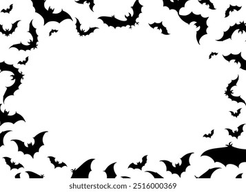 halloween bats background. many silhouettes of bats fly chaotically on a white background. backdrop, frame, card with copy space