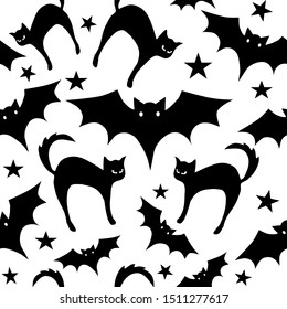 
Halloween, Bats and Cats, Seamless Pattern, Halloween Vector Repeat Pattern for Textile Design, Fabric Printing, Stationary, Packaging, Wall paper  or Background