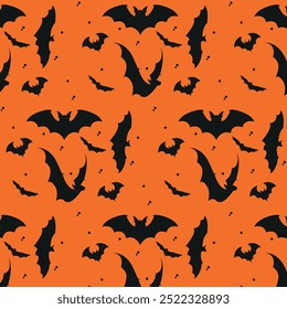 Halloween bats cloud seamless pattern. Vector tile background with bewitching eerie vampire bats flock silhouettes against a hauntingly vibrant orange backdrop.