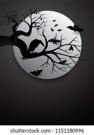 Halloween bats and crow at night with full moon.