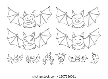 Halloween bats doodle set isolated on white background. Cartoon set with black and white Halloween doodle elements. Outline bats collection. Hand drawn sketch holiday collection