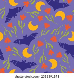 Bates de Halloween y flores diseño de patrones sin fisuras