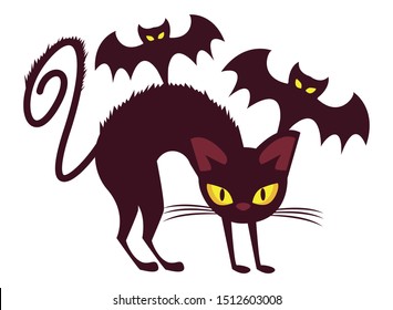halloween bats flying with cat vector illustration design