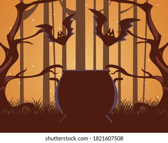 halloween bats flying with cauldron in forest scene vector illustration design