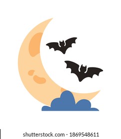 halloween bats flying with crescent moon vector illustration design