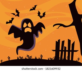 halloween bats flying with ghost scene vector illustration design