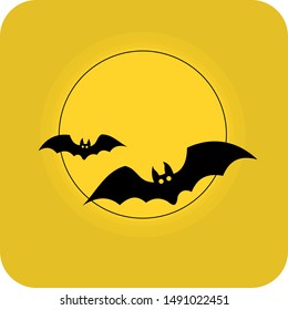 Halloween bats flying illustration. Hunted night. Evil moon. Flat 3D shadow design. yellow background black vector. product brand service label banner board display. App icon.