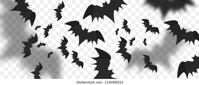 Halloween bats flying over transparent background, vector illustration. Flat bat silhouettes, shadows, spooky shapes for parties, cards, flyers.