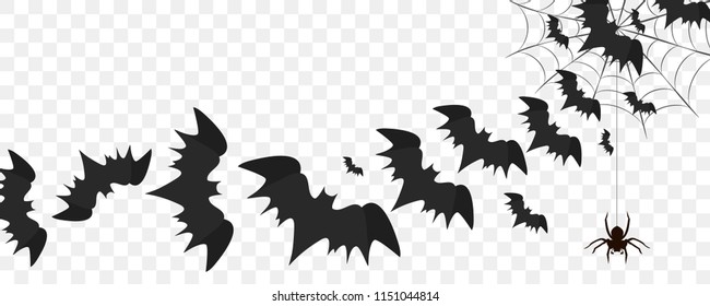 Halloween bats flying over transparent background, spider hanging on web, vector illustration. Halloween bat silhouettes, shadows, spooky shapes for parties, cards, flyers.