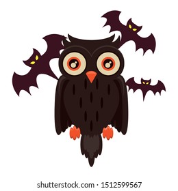 halloween bats flying with owl vector illustration design