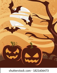 halloween bats flying and pumpkins scene vector illustration design