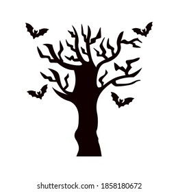 halloween bats flying with tree scene vector illustration design