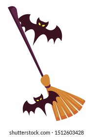 halloween bats flying with witch broom vector illustration design