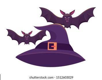 halloween bats flying with witch hat vector illustration design