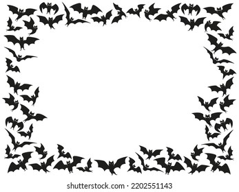 Halloween bats frame. Flock border, flying bat background and spooky night animals with wings vector template of halloween bats border silhouette illustration