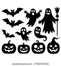 Halloween murciélagos fantasmas calabazas y escoba jack o linterna