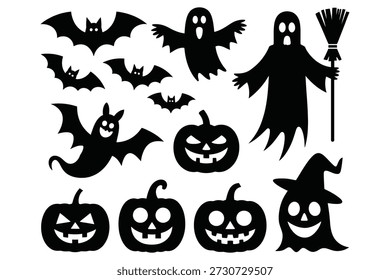 Halloween bats ghosts pumpkins witch hat broom vector