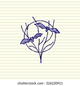 Halloween Bats, Moon and Tree Doodle In Blue Pen