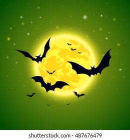 Halloween. Bats on a background of starry sky and full yellow moon. Stock vector illustration.