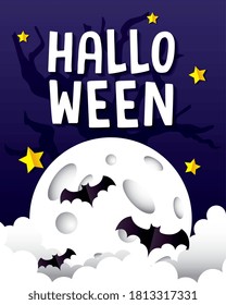 Halloween bats on moon design, Holiday and scary theme Vector illustration