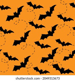Bates de Halloween sobre un fondo naranja sin costuras. Ilustración de silueta vectorial