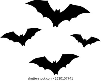 Halloween bats on transparent background, Collection of black bats, vector illustration