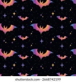 Halloween Bats Pattern — Neon Style. Seamless pattern of gradient bats on a black starry sky. Perfect for wrapping paper, apparel, or digital backgrounds.