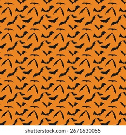 Halloween bats pattern on orange background, vector illustration