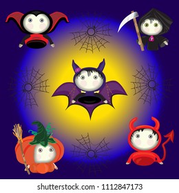 Halloween. Сute bats, pumpkin, hell, death with with a scythe.
