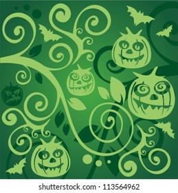 Halloween bats and pumpkins on a green background.