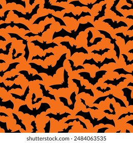 Halloween bats seamless pattern background for horror night holiday, cartoon vector. Halloween trick or treat party decoration pattern with clouds of flying black bats silhouette on orange background