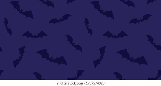 Halloween bats seamless pattern. Dark flying bats on violet background. Bats ornament silhouettes for textile, wallpaper