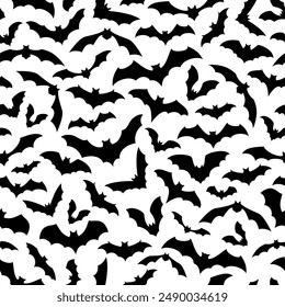 Halloween bats seamless pattern, a flurry of nocturnal creatures in flight, silhouetted against white background, creates a hauntingly stylish vector tile for spooky celebrations, wallpapers and decor