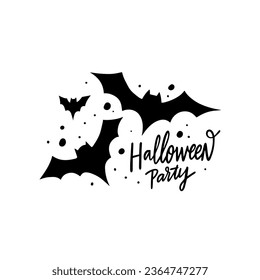 Halloween bats set black color animals icons and Halloween party lettering phrase. Isolated on white background.