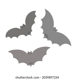 Halloween bats set simple fancy vector illustration, hand drawn gray animal cartoon spooky character for autumn holiday decor element, cards, banners
