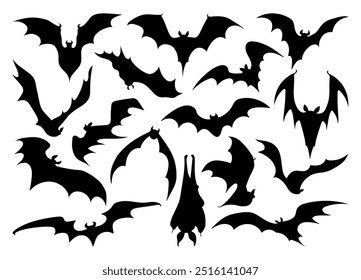 Conjunto de ícone de silhueta de morcegos de Halloween. Noite de terror de Halloween. Símbolo de morcegos vampiros pretos para decorações de festa, convites de Halloween, cartões, banners e cartazes. Ilustrações de elementos de decoração vetorial.